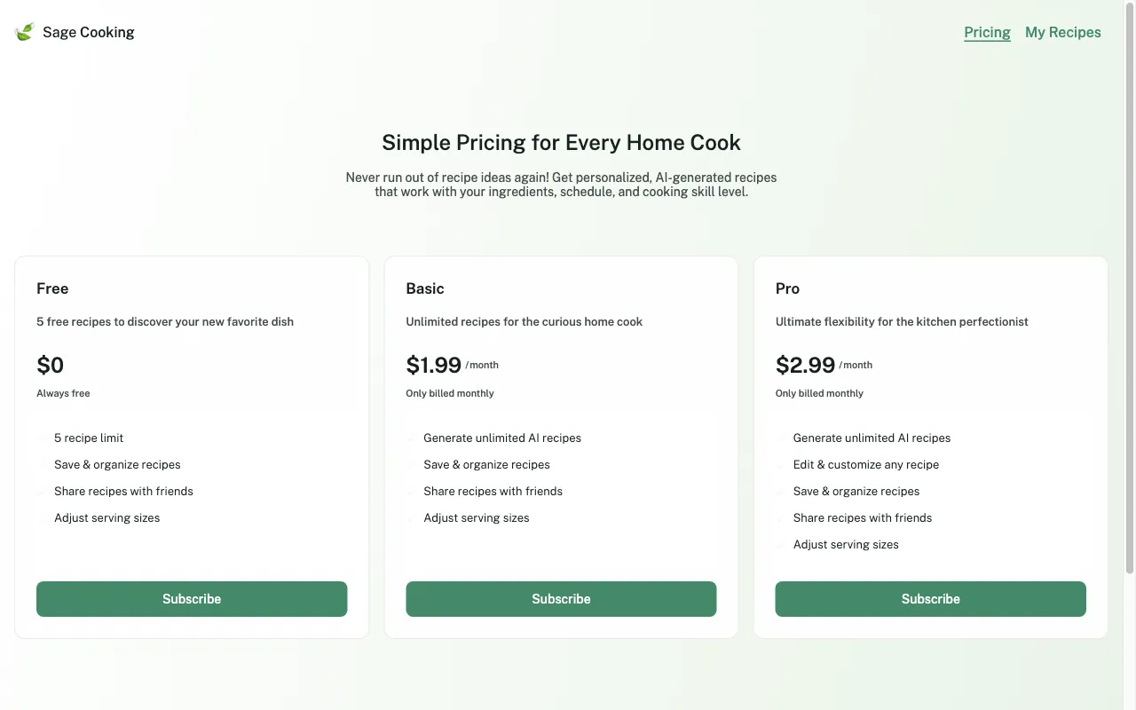 Sage Cooking — pricing page
