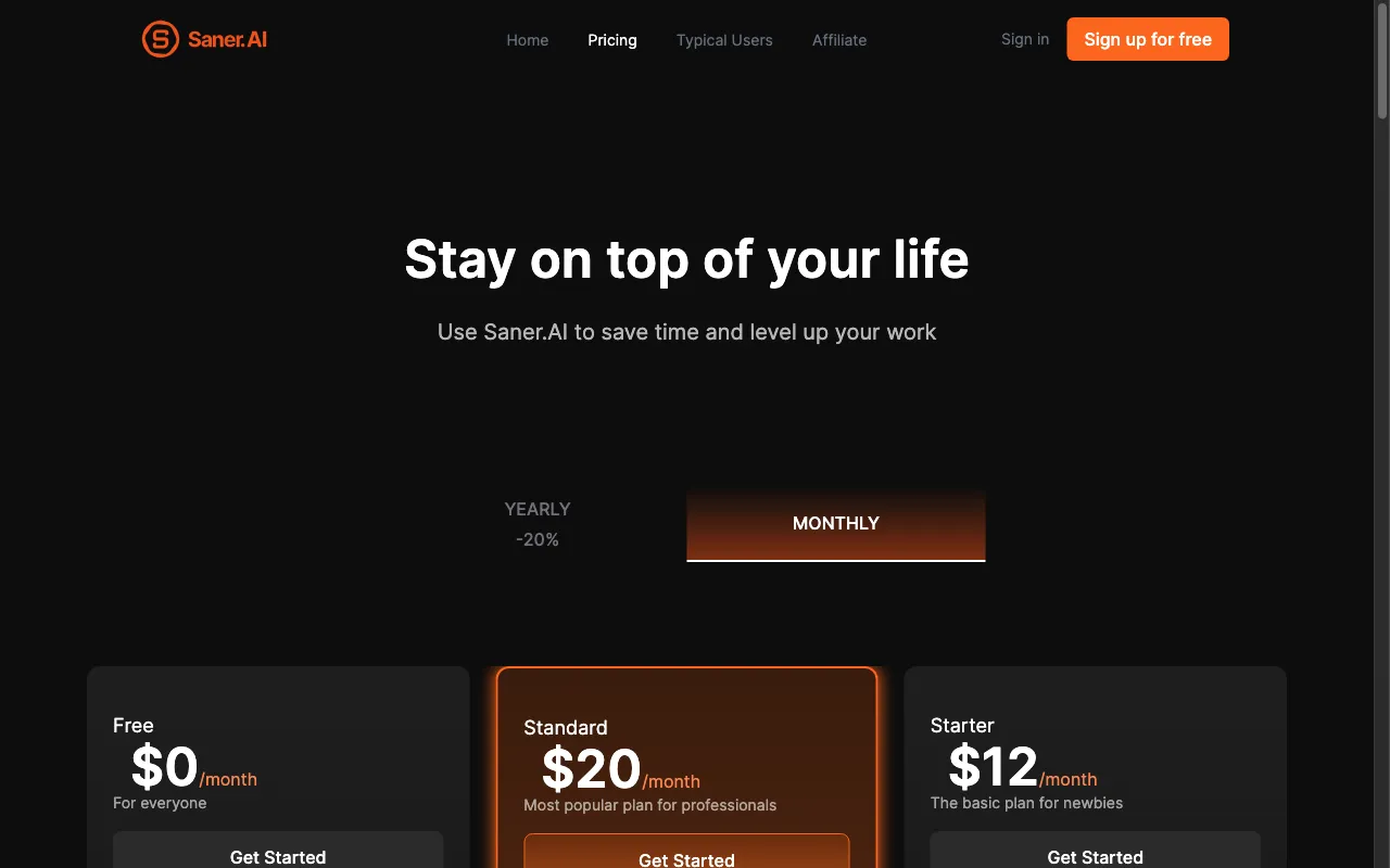 Saner.ai (Beta version) — pricing page