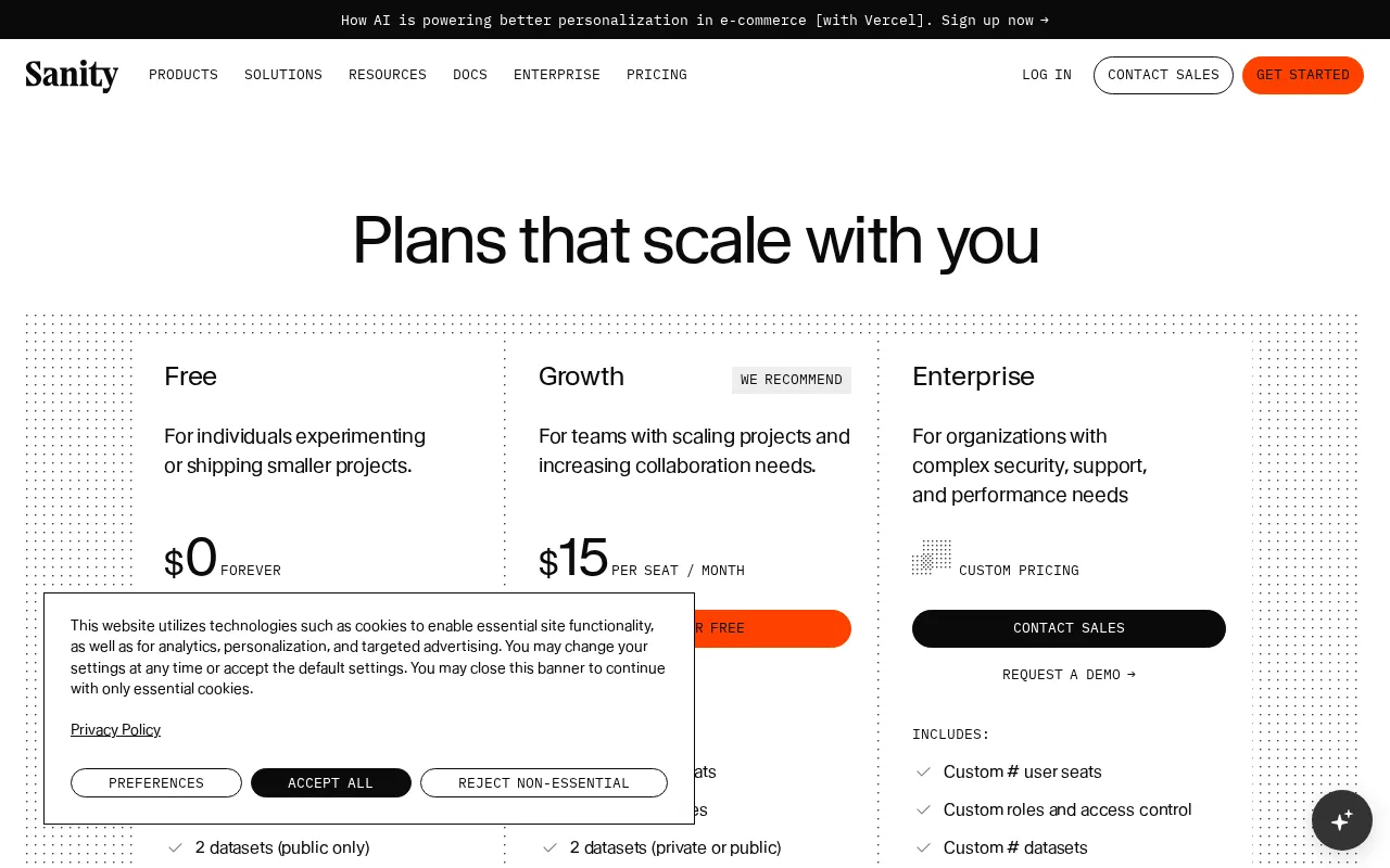 Sanity.io — pricing page