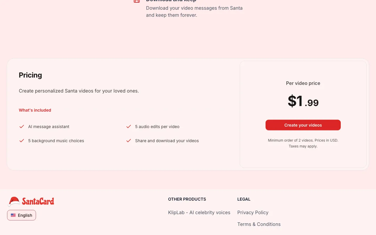 SantaCard — pricing page
