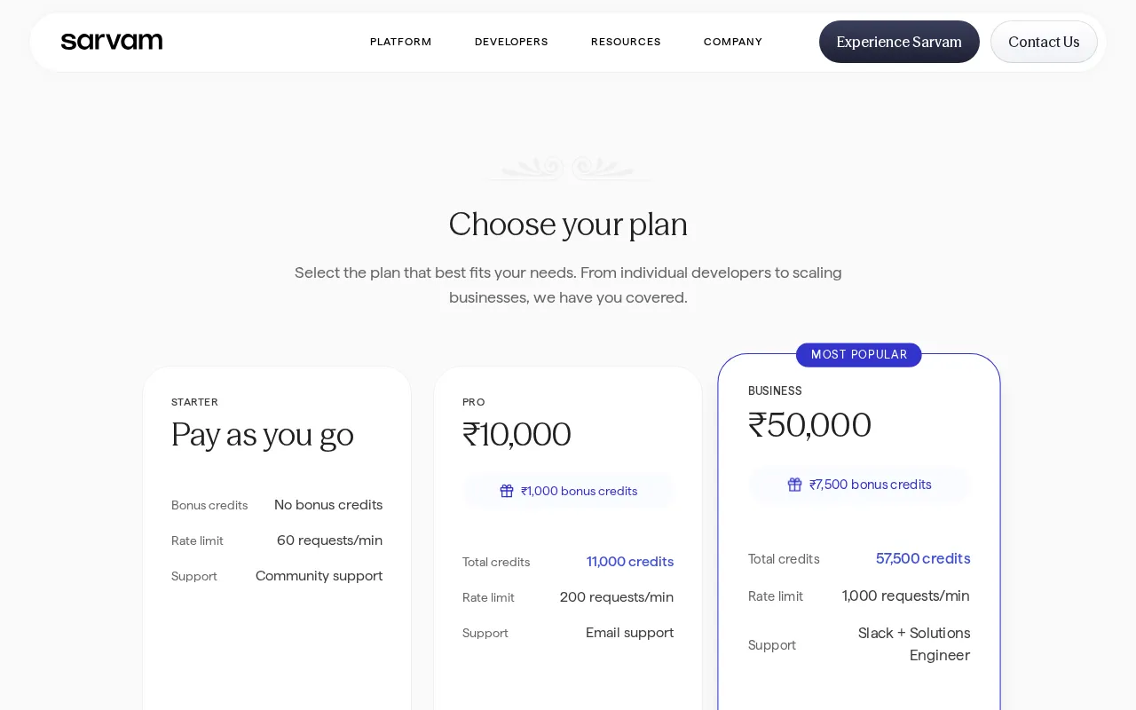 Sarvam AI Speech to Text API — pricing page