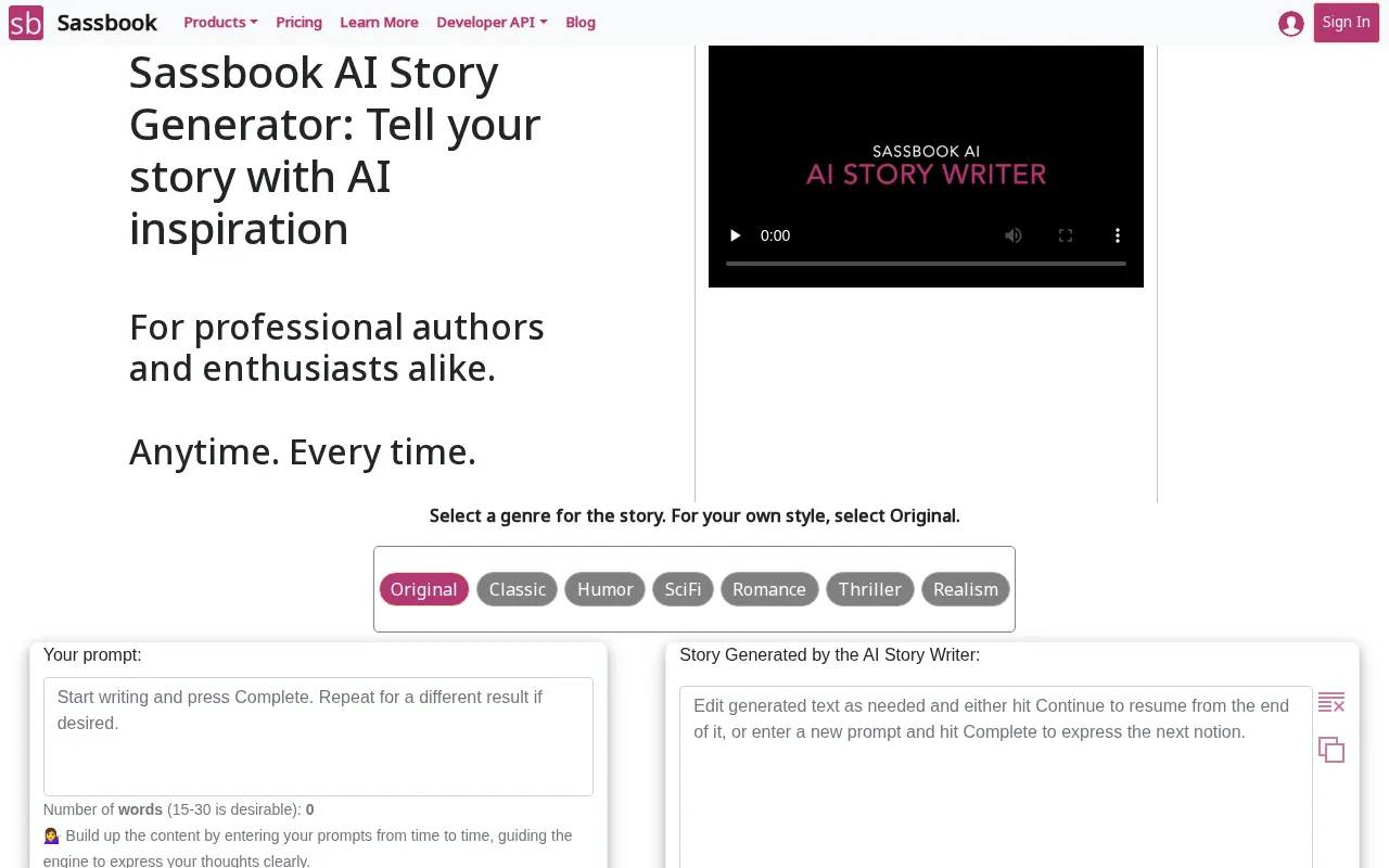 Sassbook AI Story generator — preview screenshot