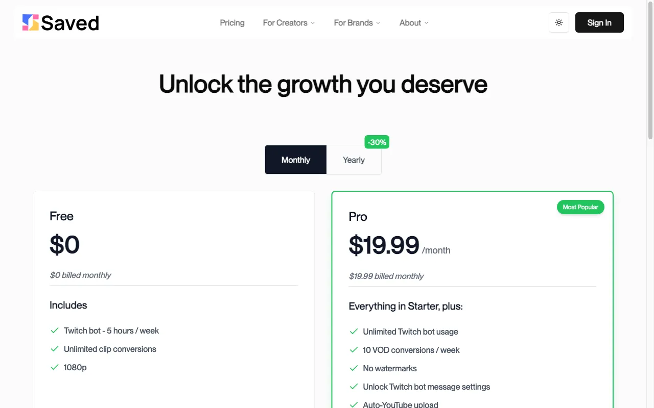 Saved — pricing page