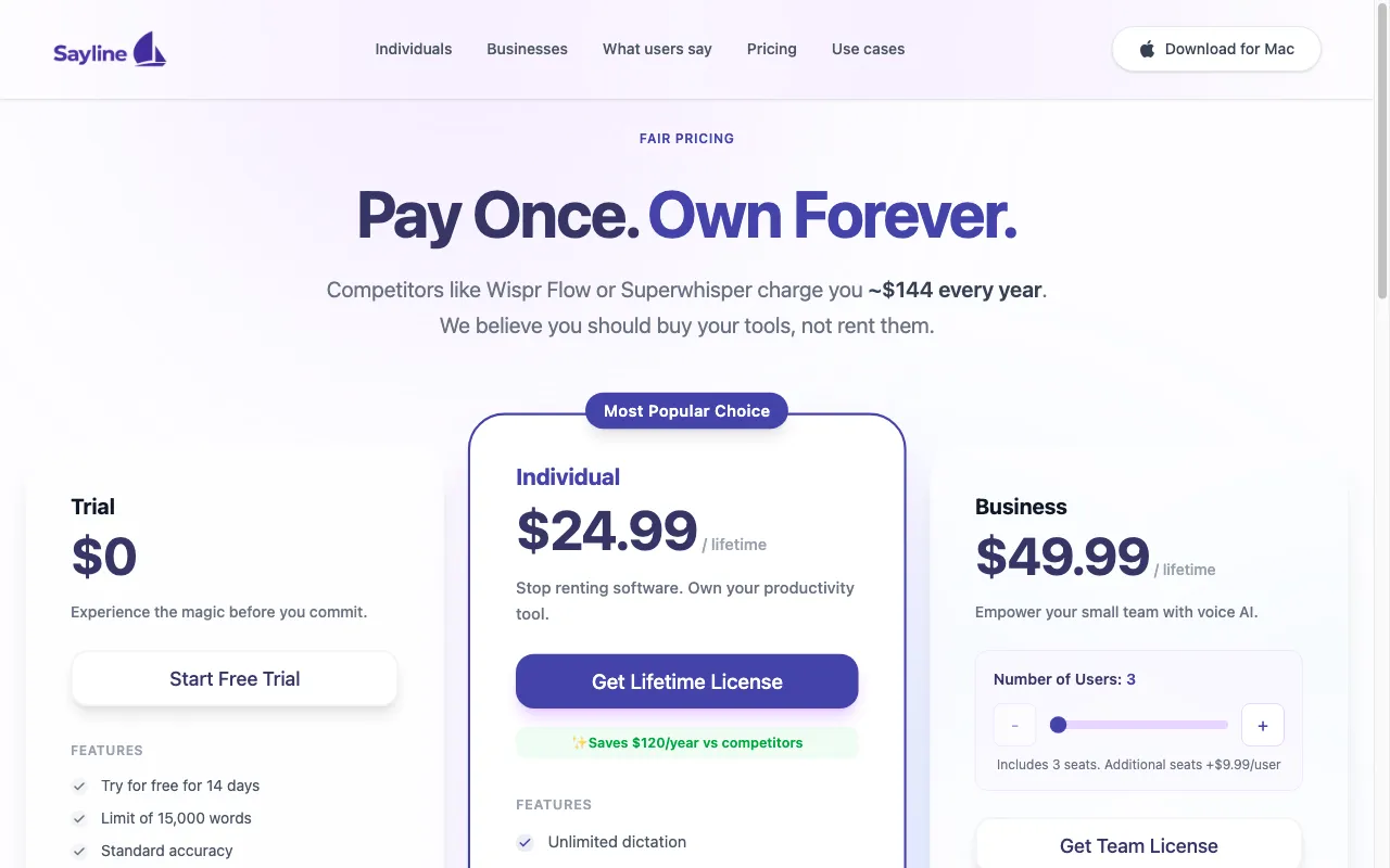 Sayline — pricing page