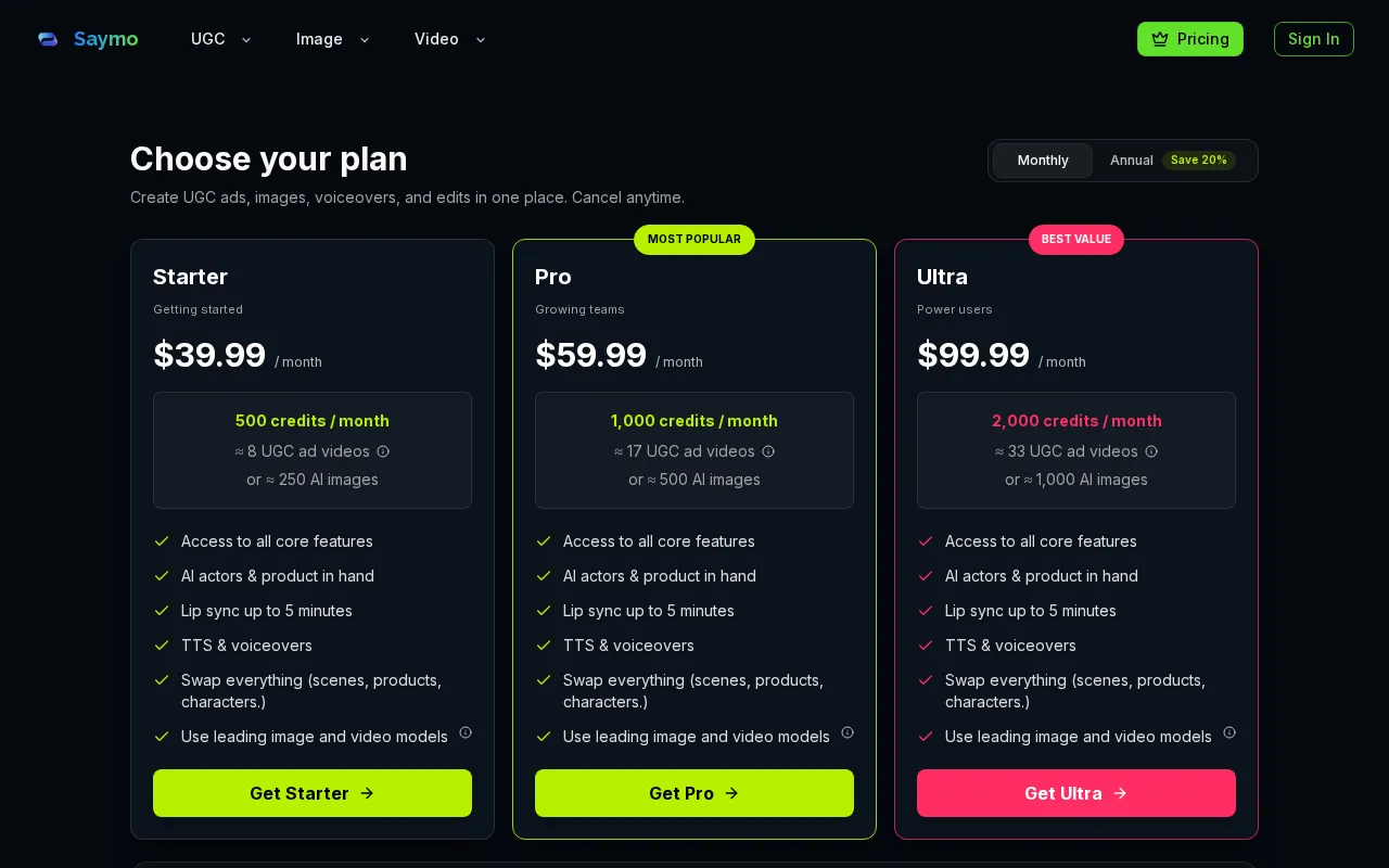 Saymo AI — pricing page