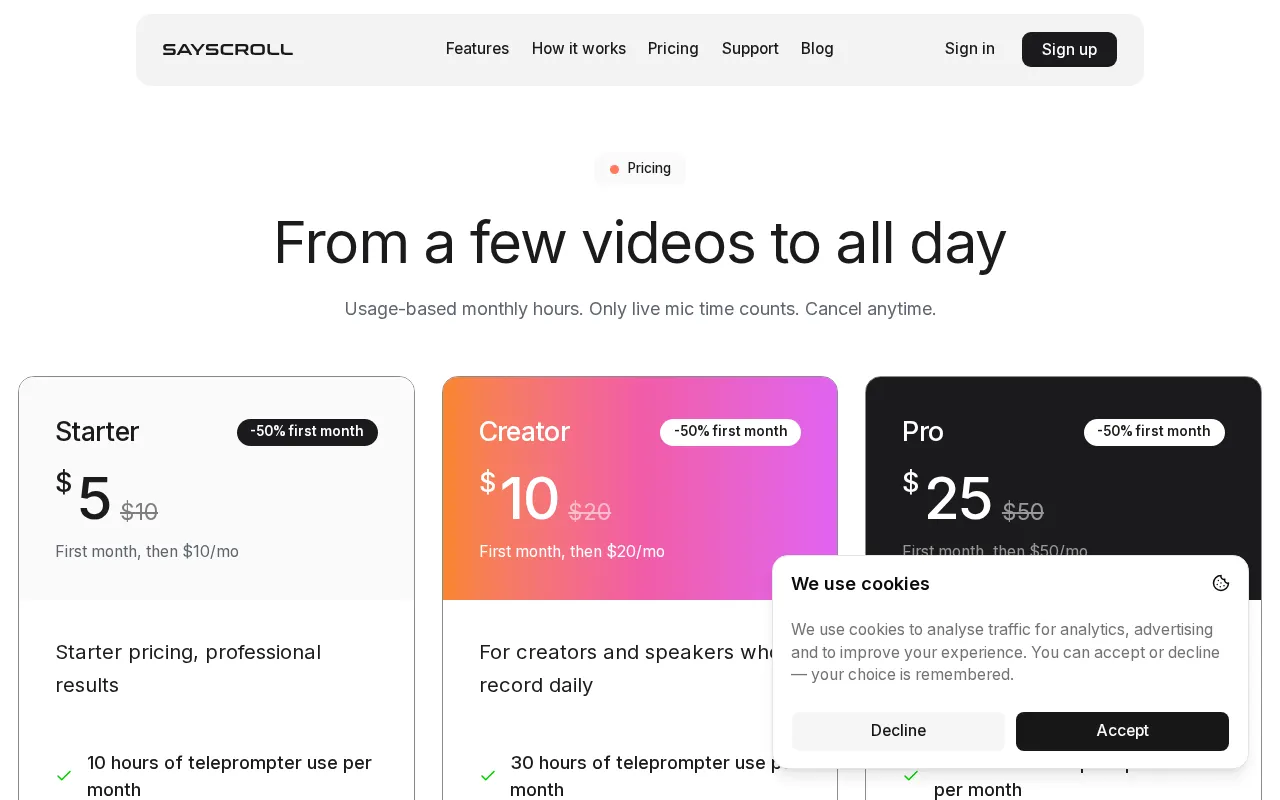 Sayscroll — pricing page