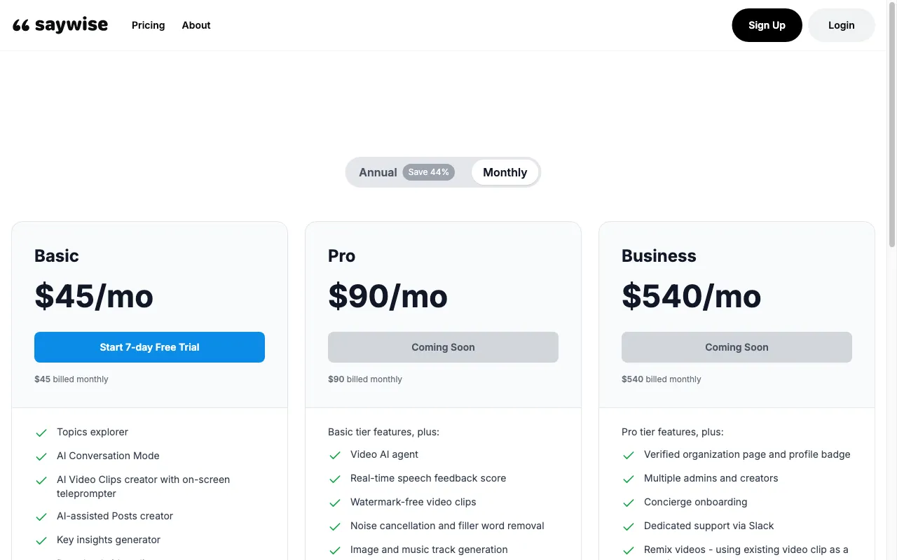 Saywise — pricing page