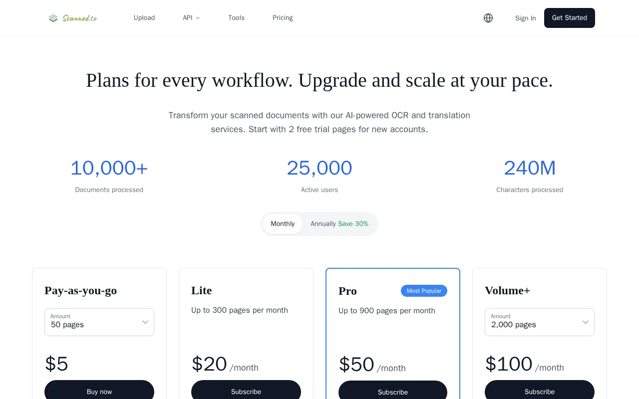 Scanned.to — pricing page