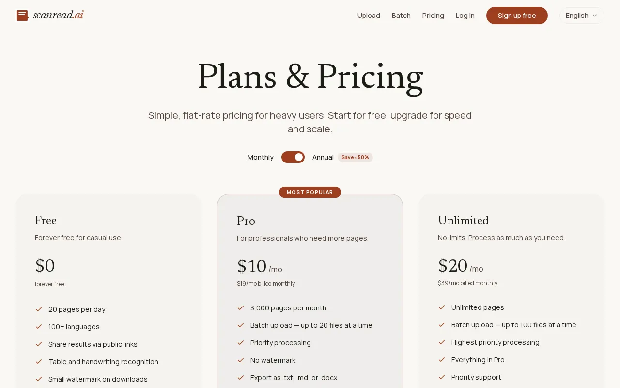 ScanRead — pricing page