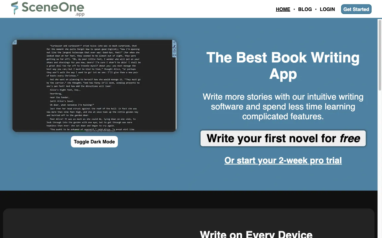 SceneOne.app Book Writing Software — preview screenshot