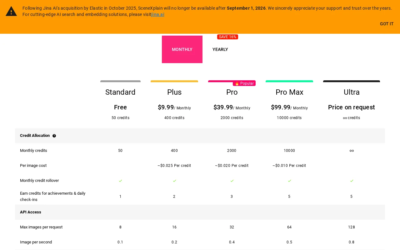 SceneXplain — pricing page