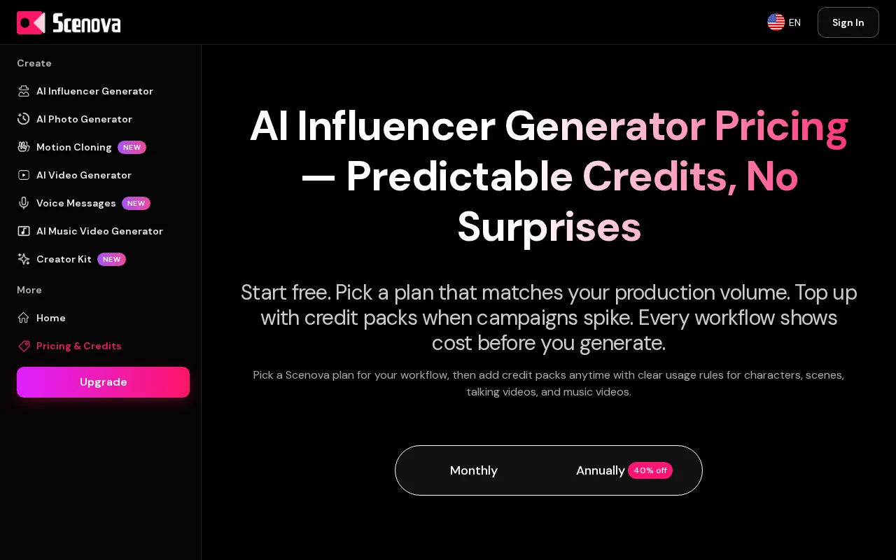 Scenova AI — pricing page
