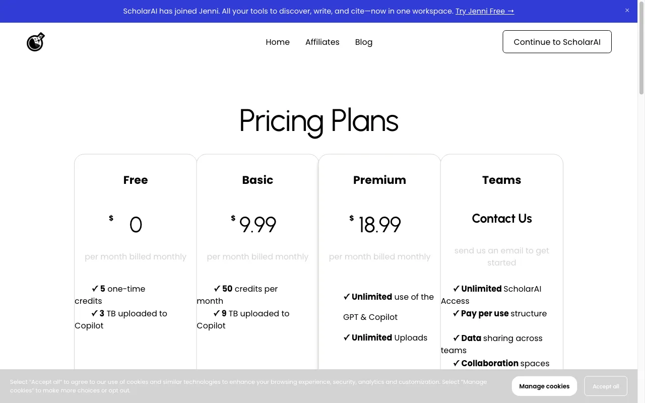 Scholar AI — pricing page