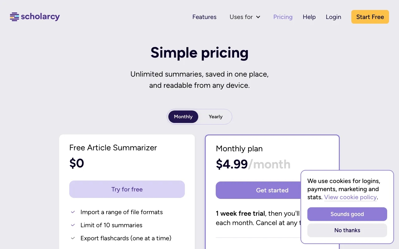 Scholarcy — pricing page
