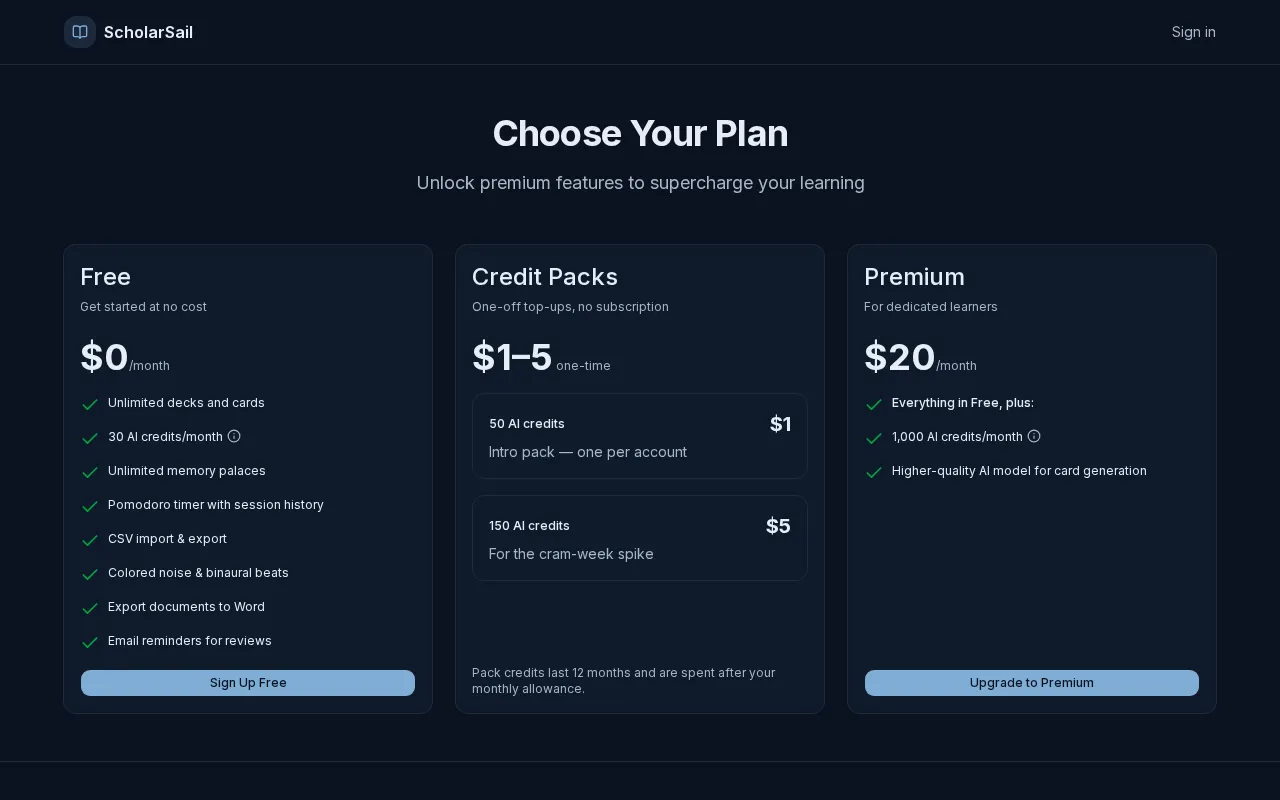 ScholarSail — pricing page