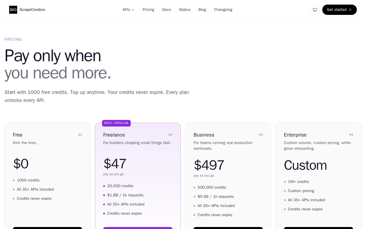 Scrapecreators — pricing page