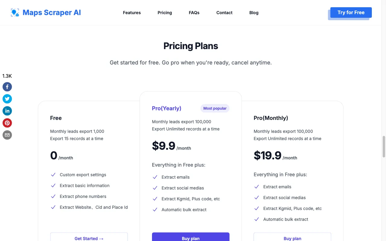 MapsScraperAI — pricing page