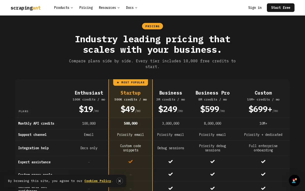 Scrapingant — pricing page