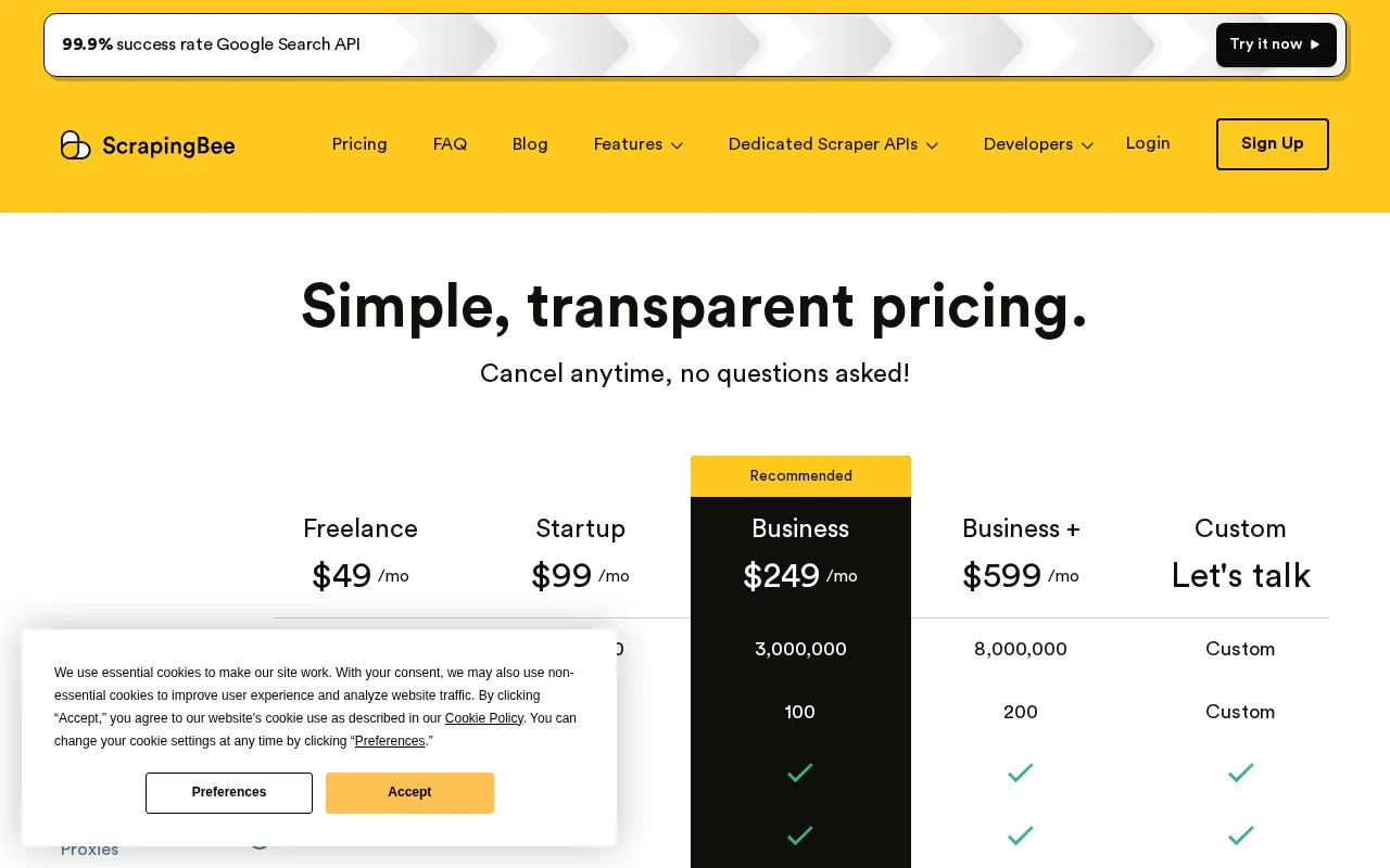 Scrapingbee — pricing page