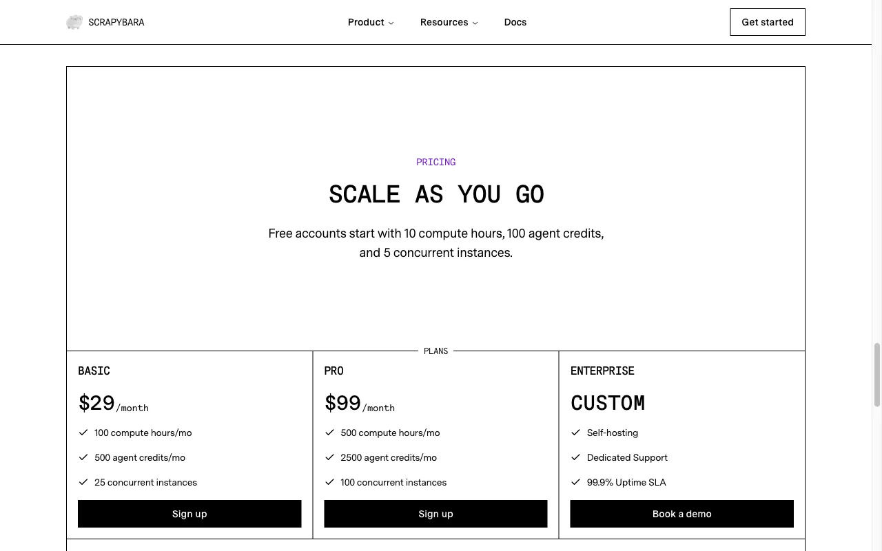 Scrapybara — pricing page