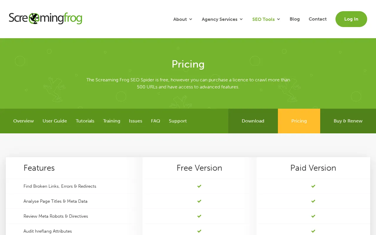 Screaming Frog — pricing page