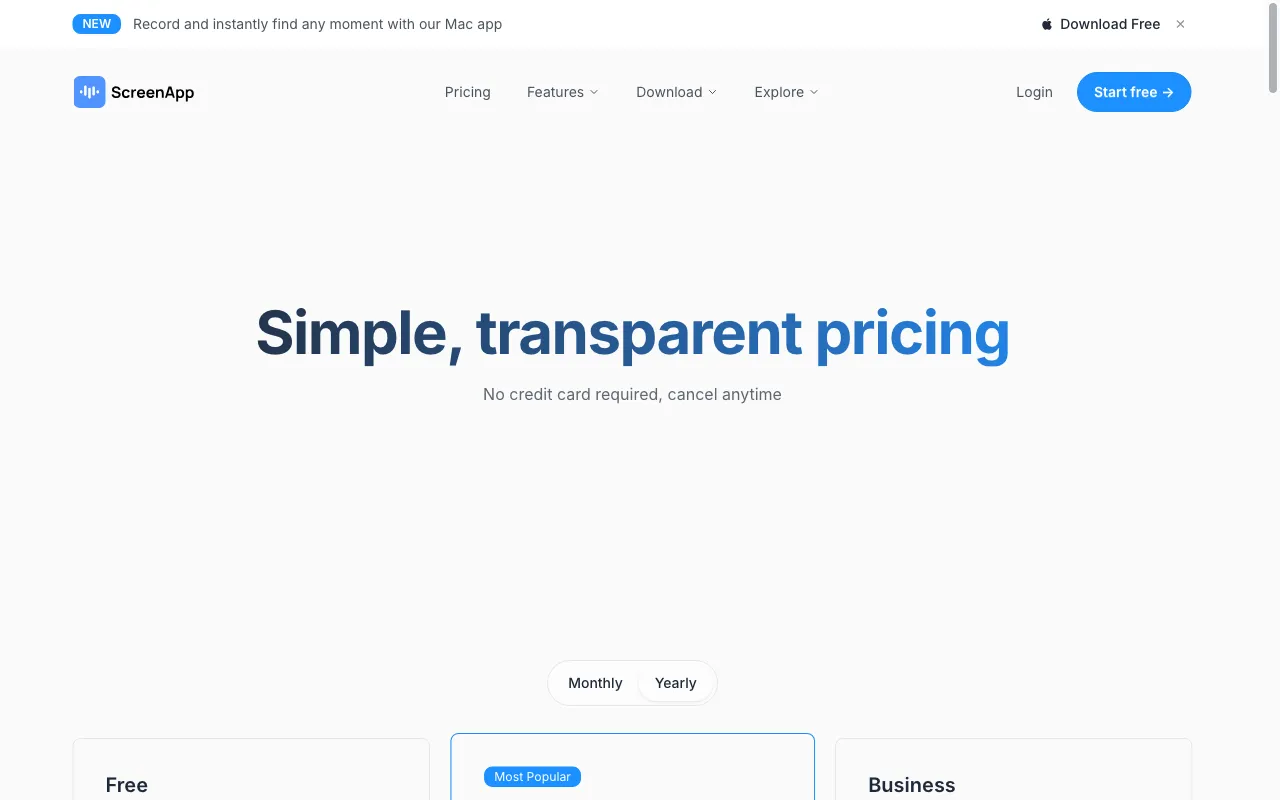 ScreenApp — pricing page