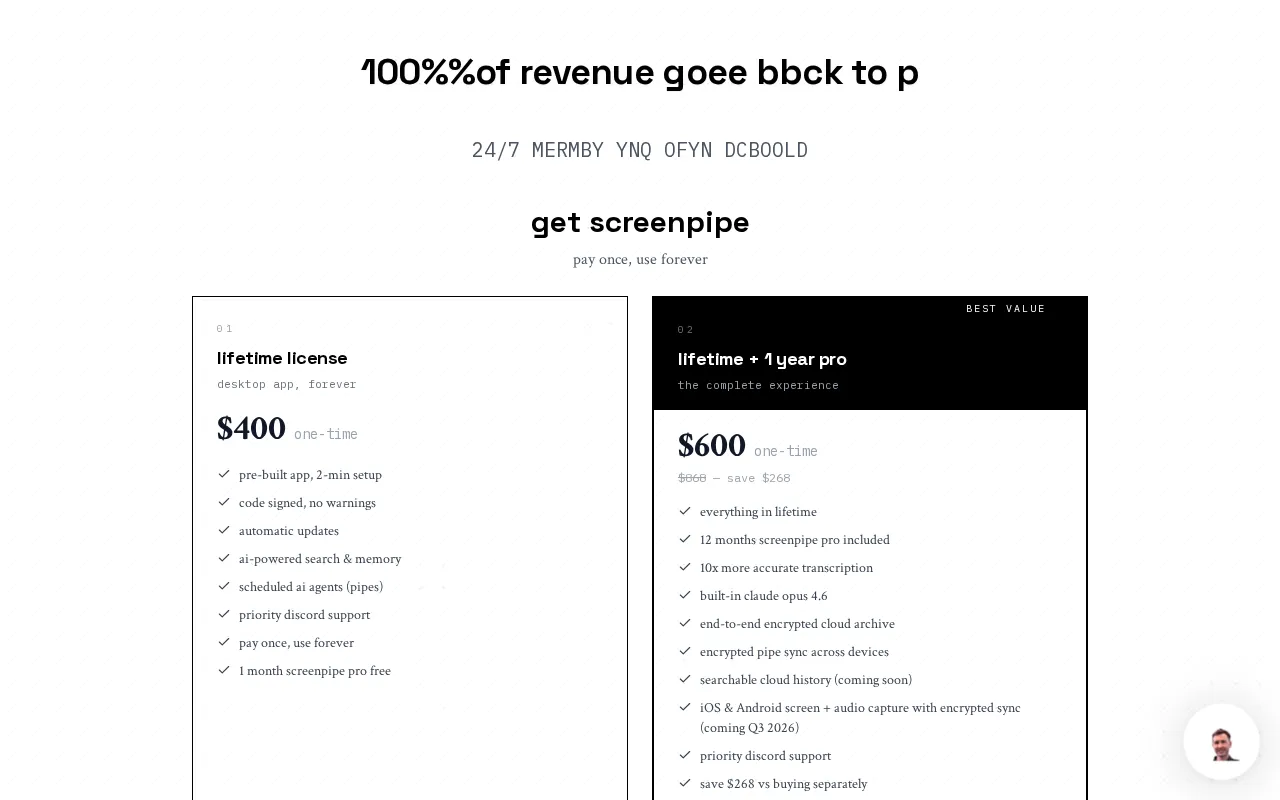 Screenpipe — pricing page