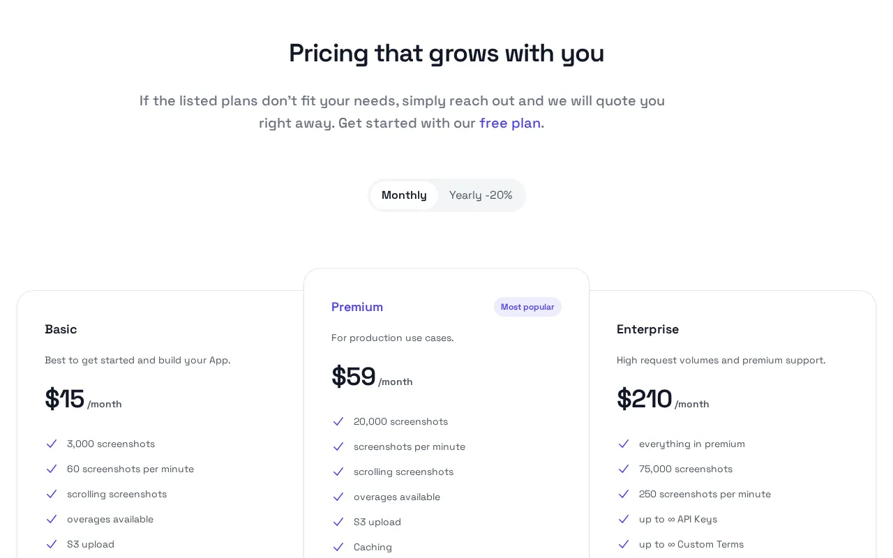 Screenshotbase — pricing page