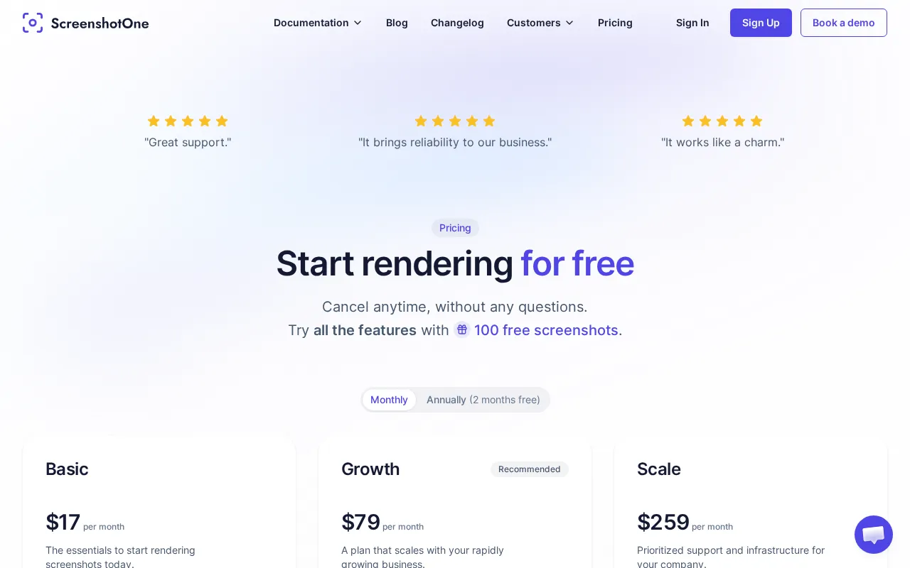 ScreenshotOne — pricing page