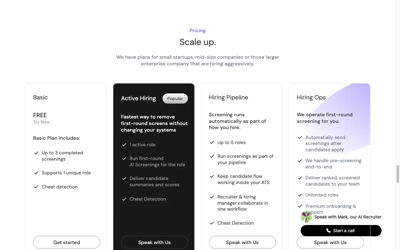 Screenz Live AI Recruiter Interviews — pricing page