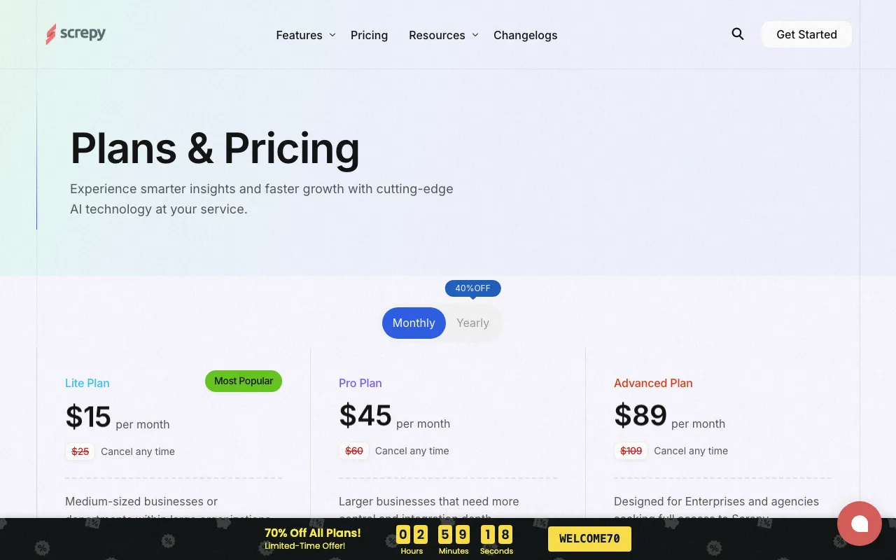 Screpy — pricing page