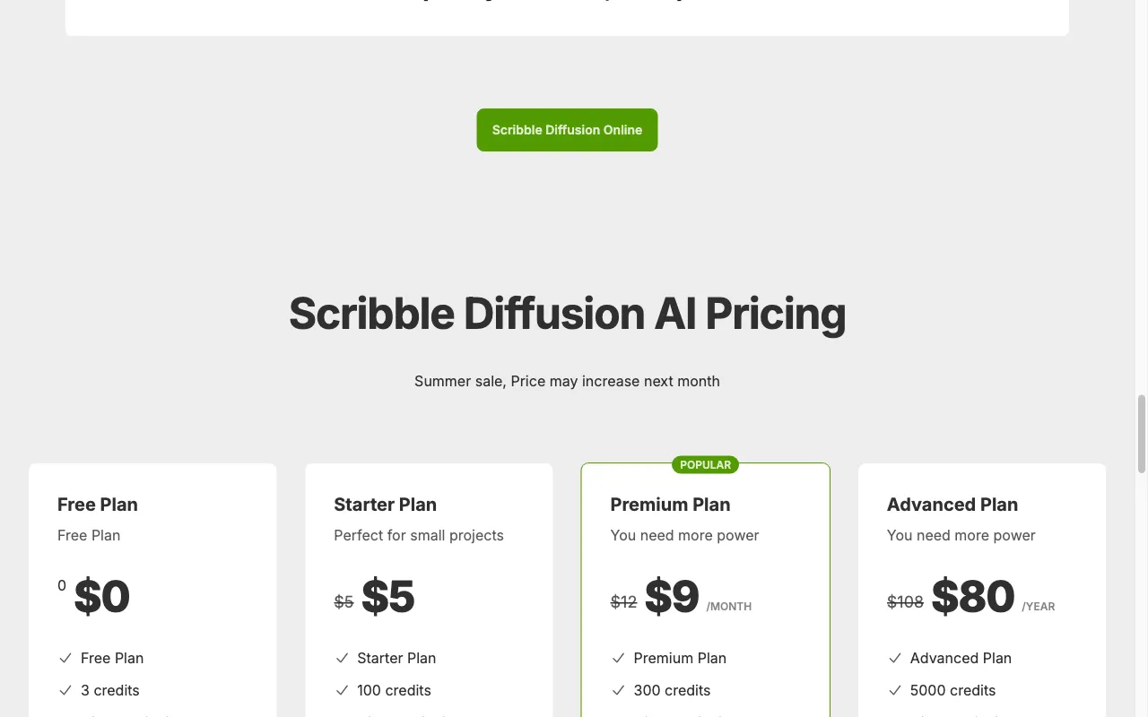 Scribble Diffusion AI — pricing page