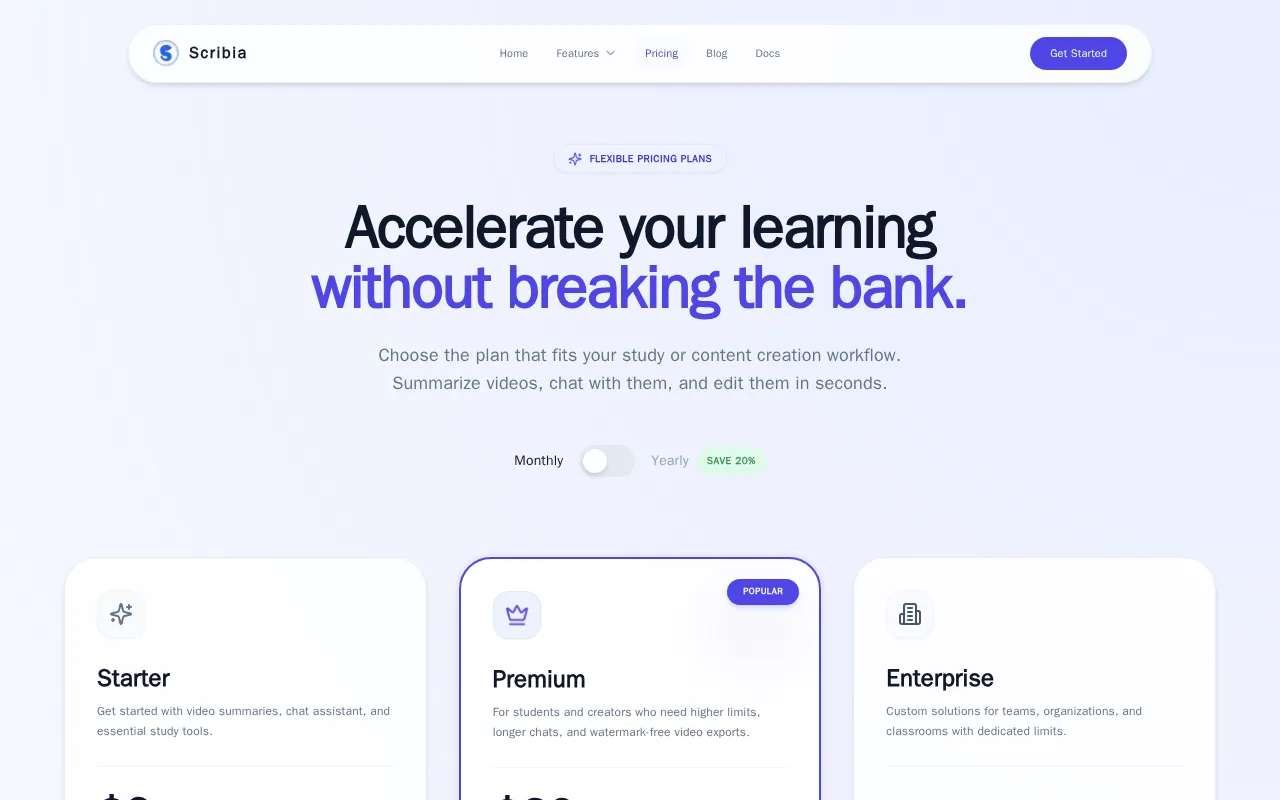 Scribia — pricing page