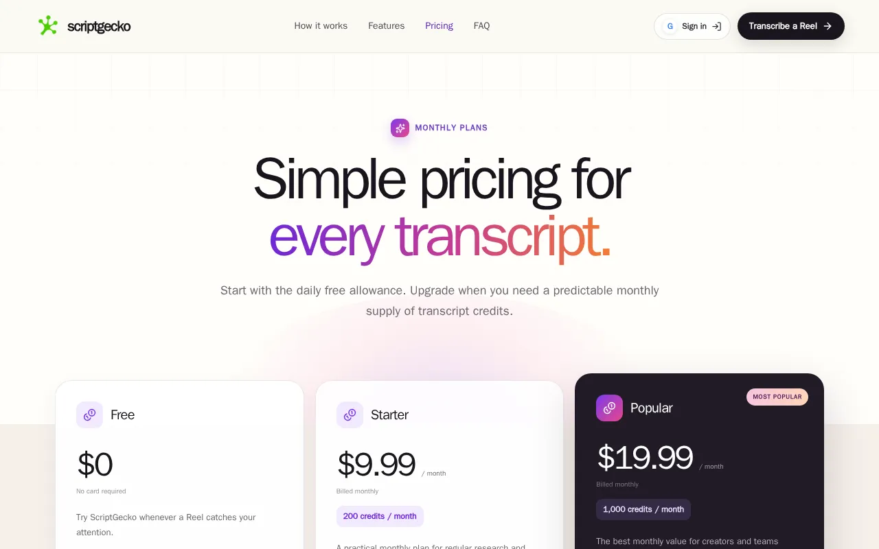 ScriptGecko — pricing page