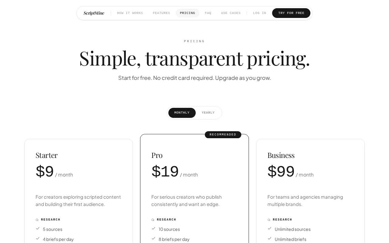 Scriptmine — pricing page