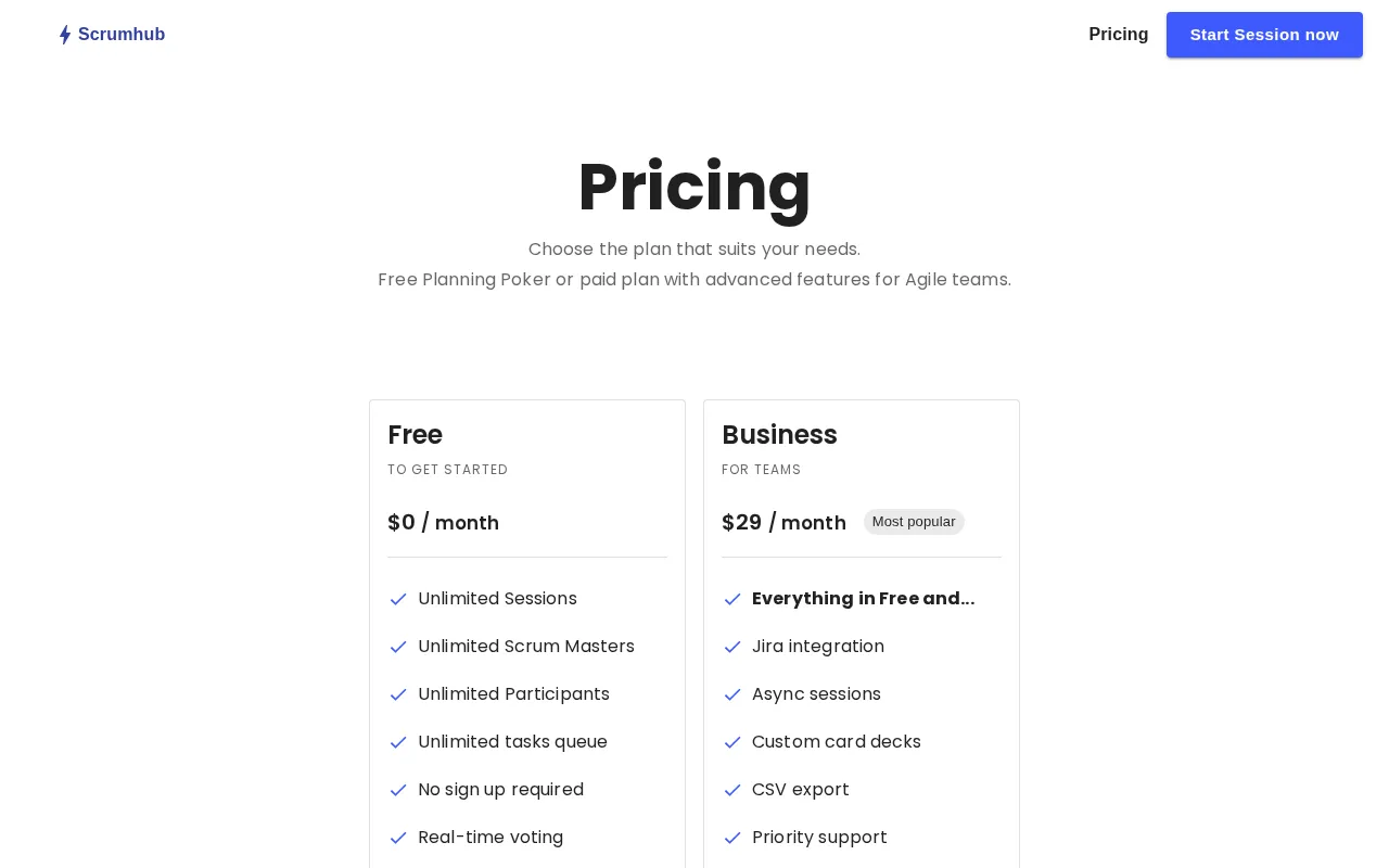 Scrumhub — pricing page