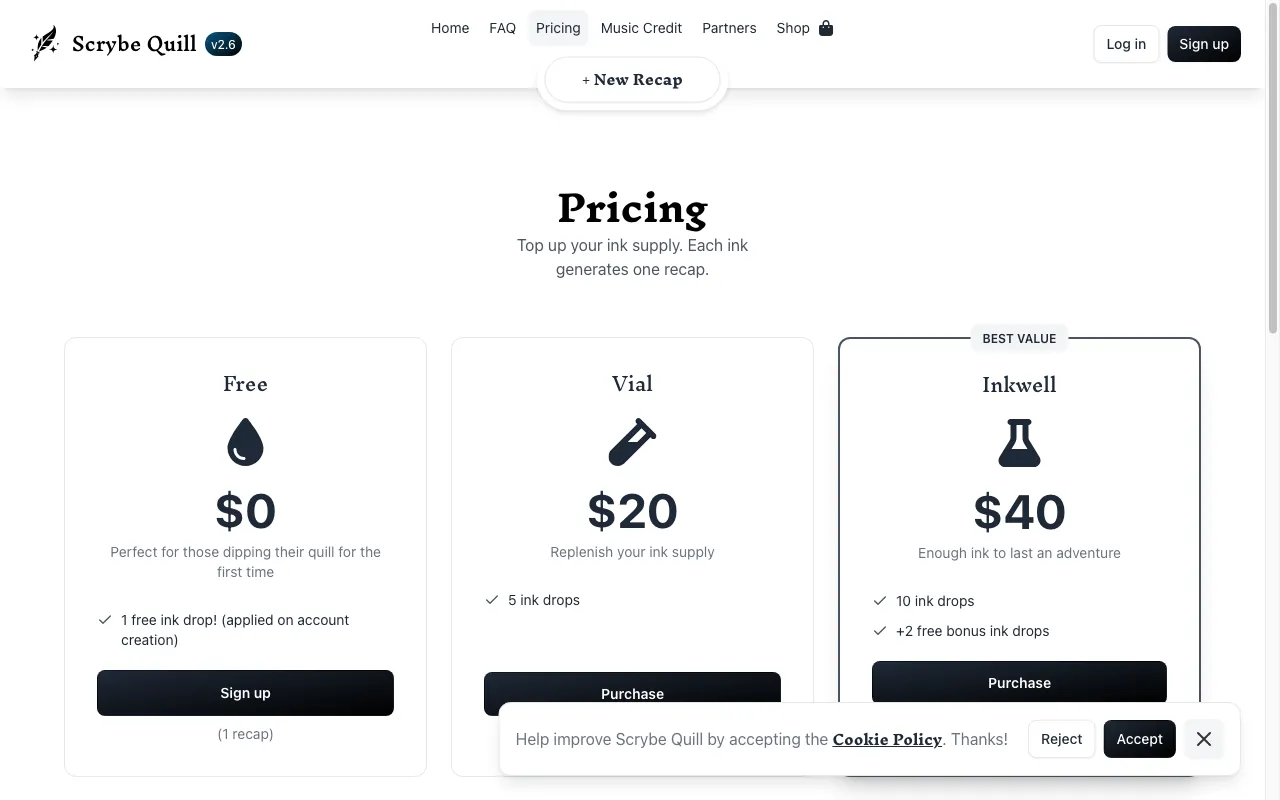 Scrybe Quill — pricing page
