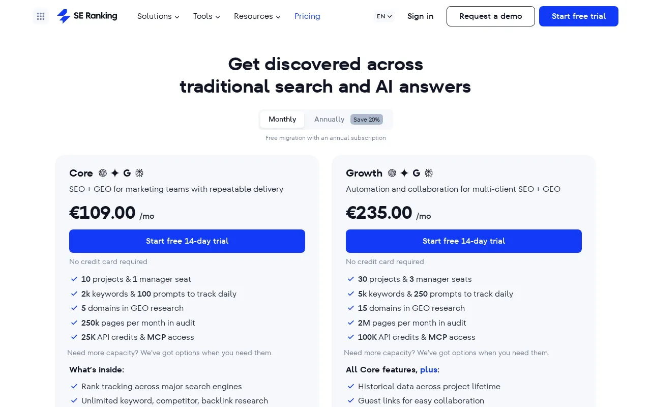 SE Ranking — pricing page