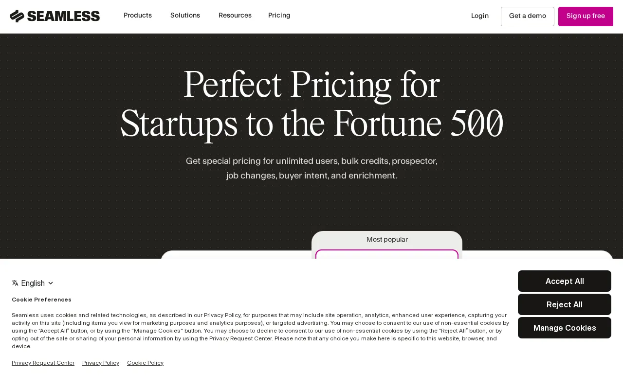 Seamless — pricing page