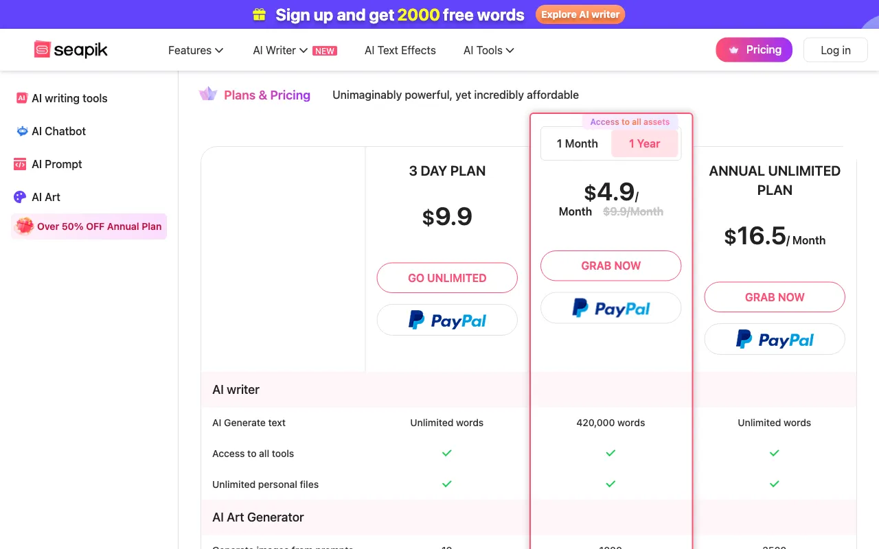 Seapik AI — pricing page