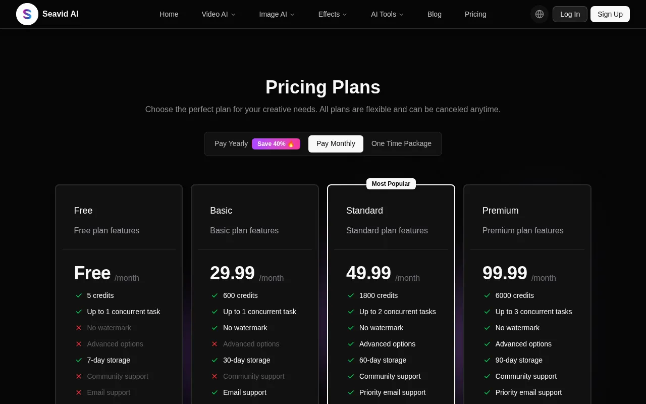 Seavid AI — pricing page