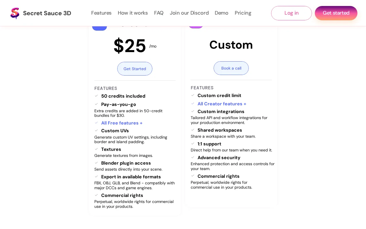 Secret Sauce 3D — pricing page