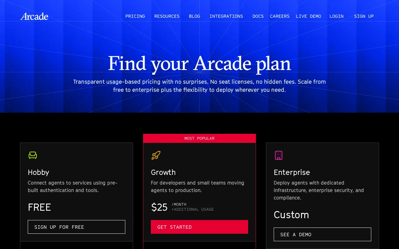 Secure MCP Framework by Arcade.dev — pricing page