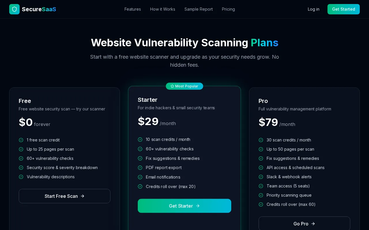 SecureSaaS — pricing page
