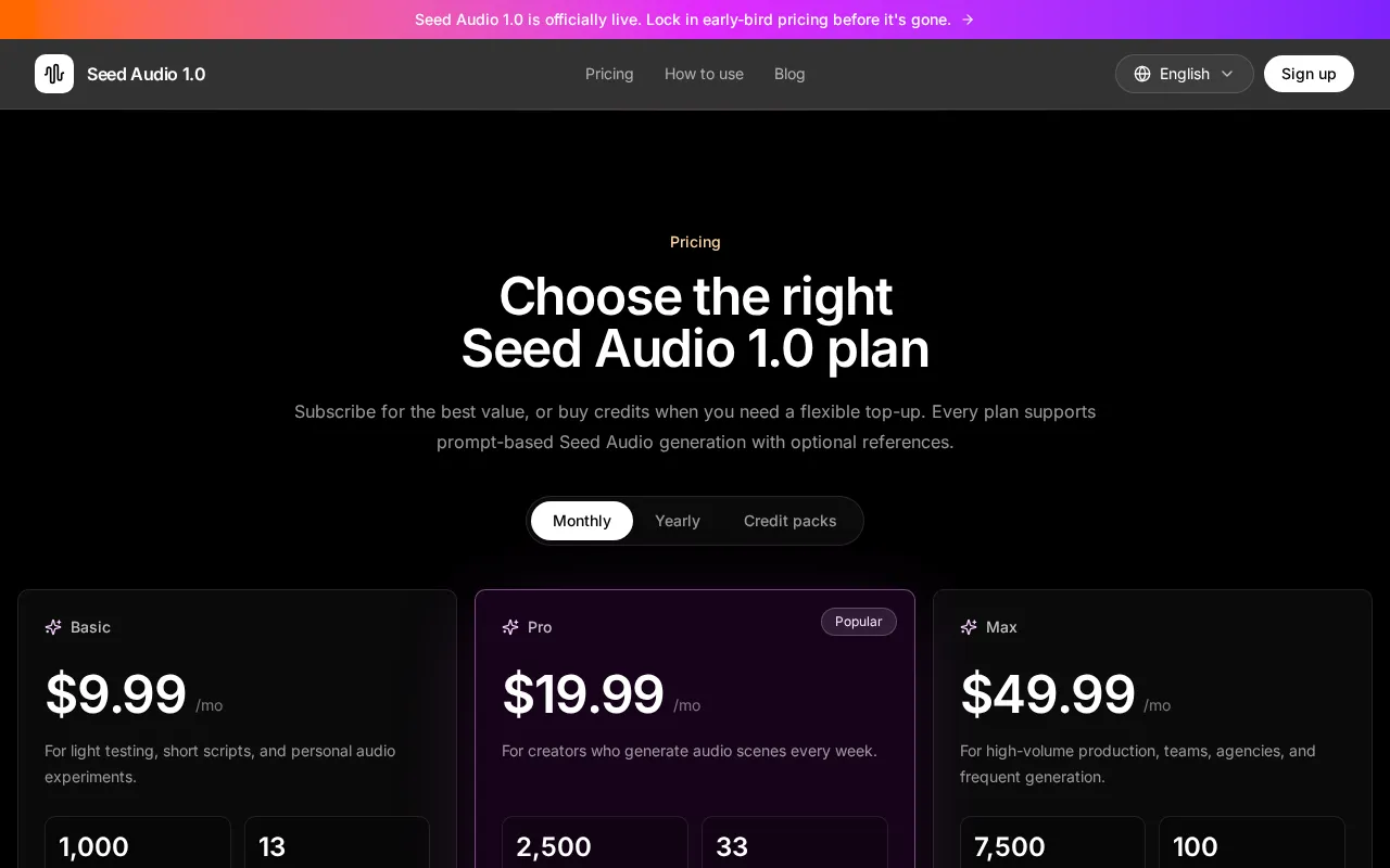 Seed Audio 1.0 — pricing page