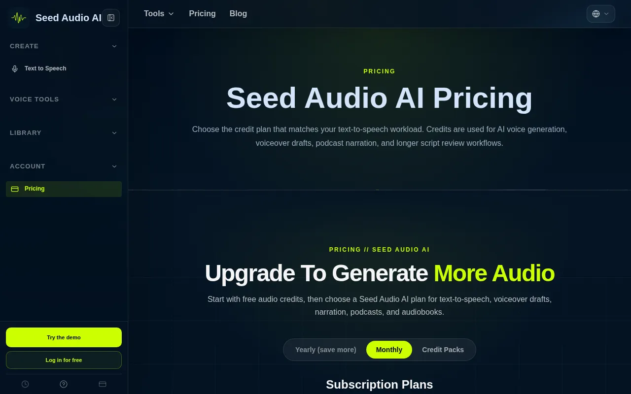 Seed Audio AI — pricing page