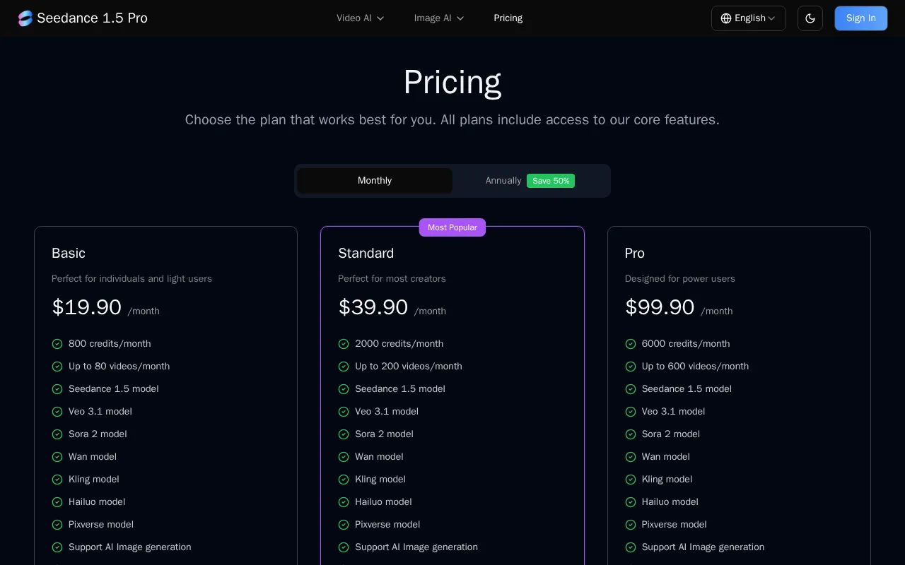 Seedance 1.5 — pricing page