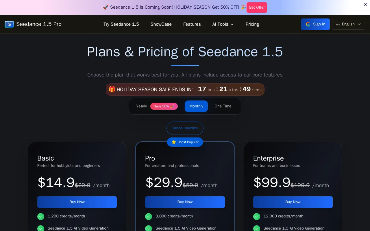 Seedance 1.5 Pro — pricing page