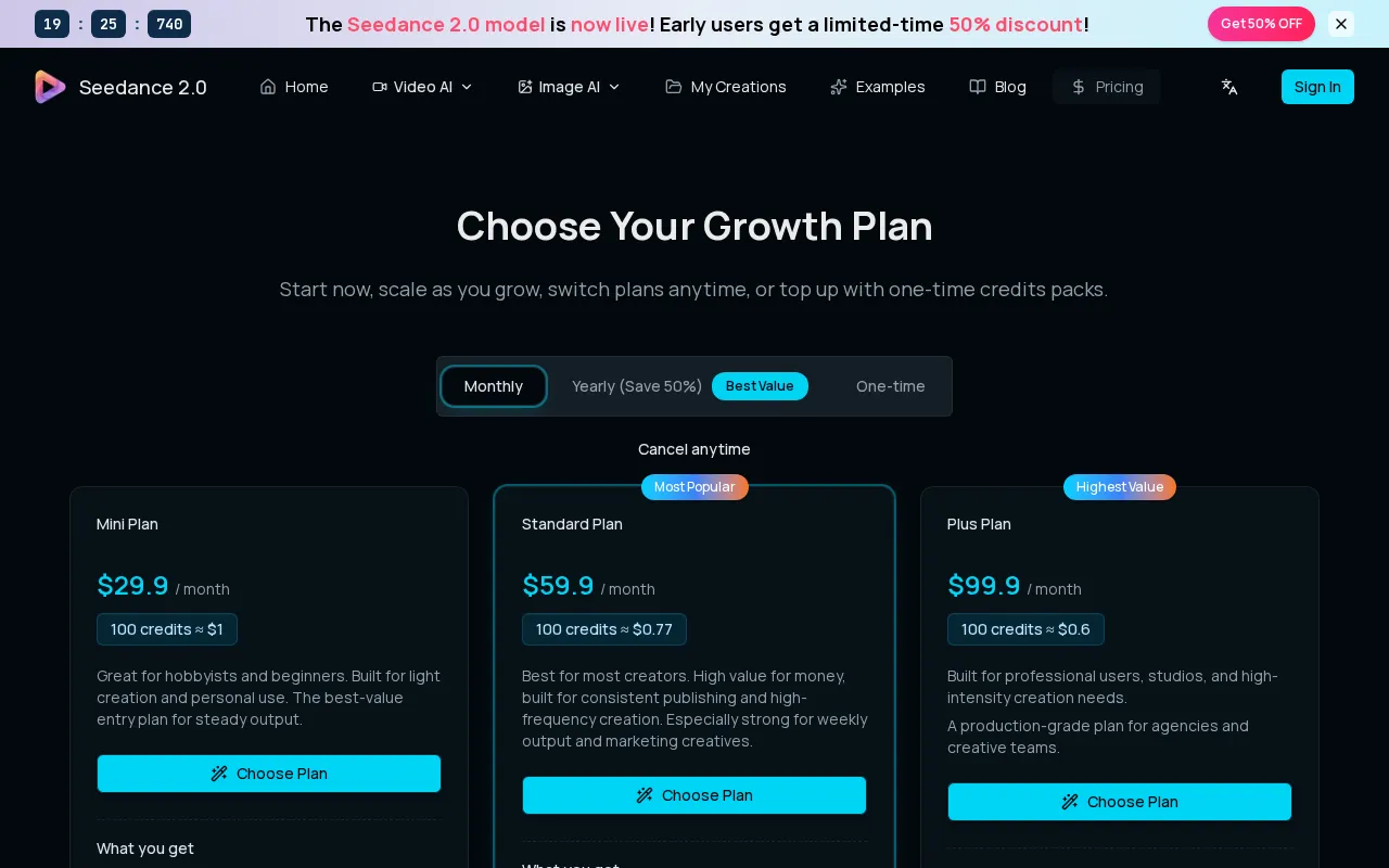 Seedance 2.0-10 — pricing page