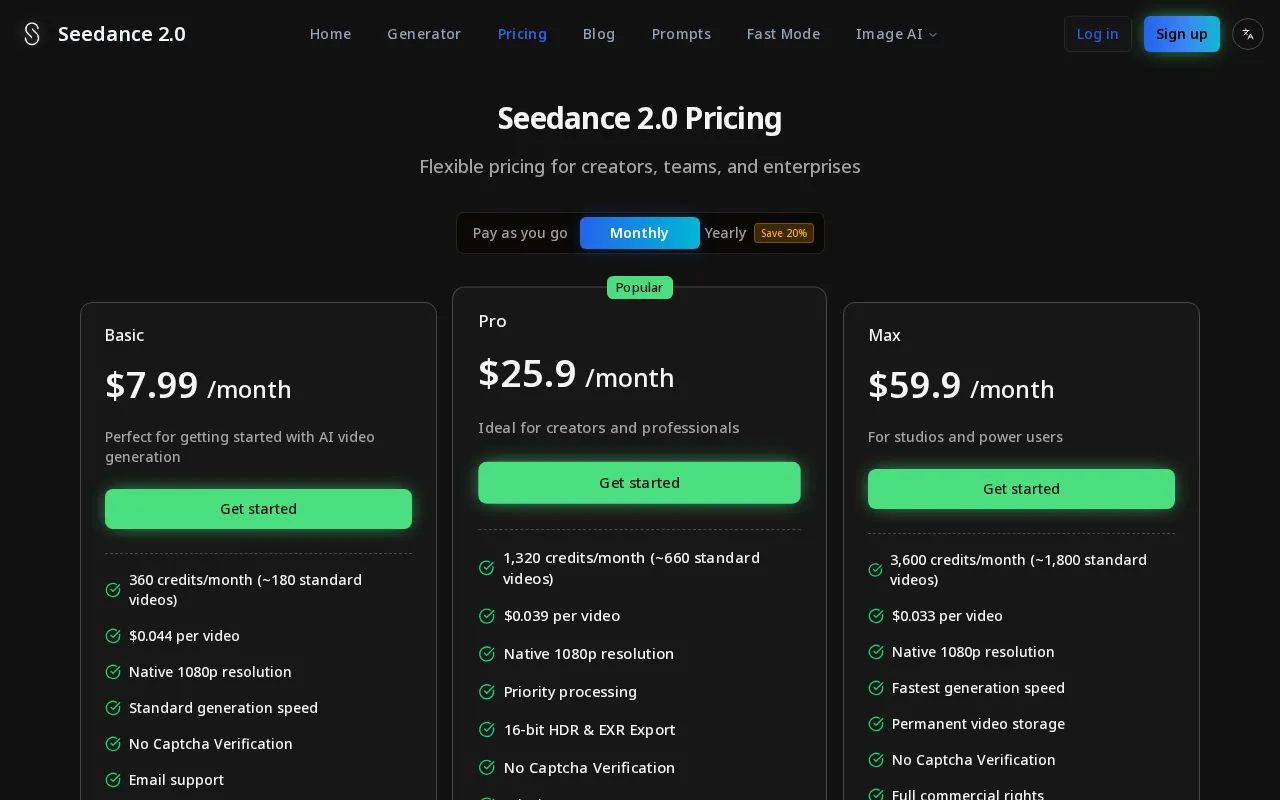 Seedance 2.0-12 — pricing page